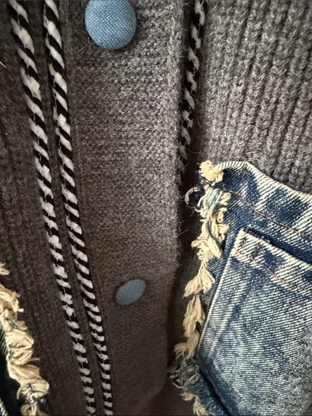 Commense Gray Ribbed Cardigan with Denim Patch Pockets - Picture 7 of 12